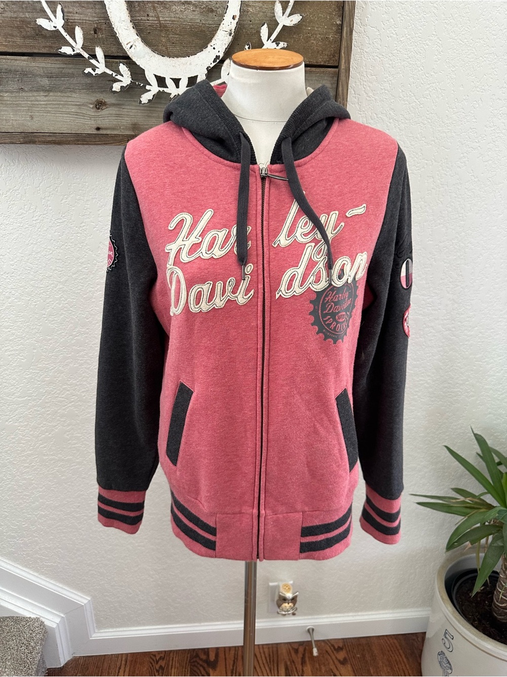 Harley-Davidson pink gray full zip sweatshirt hoodie jacket size Large